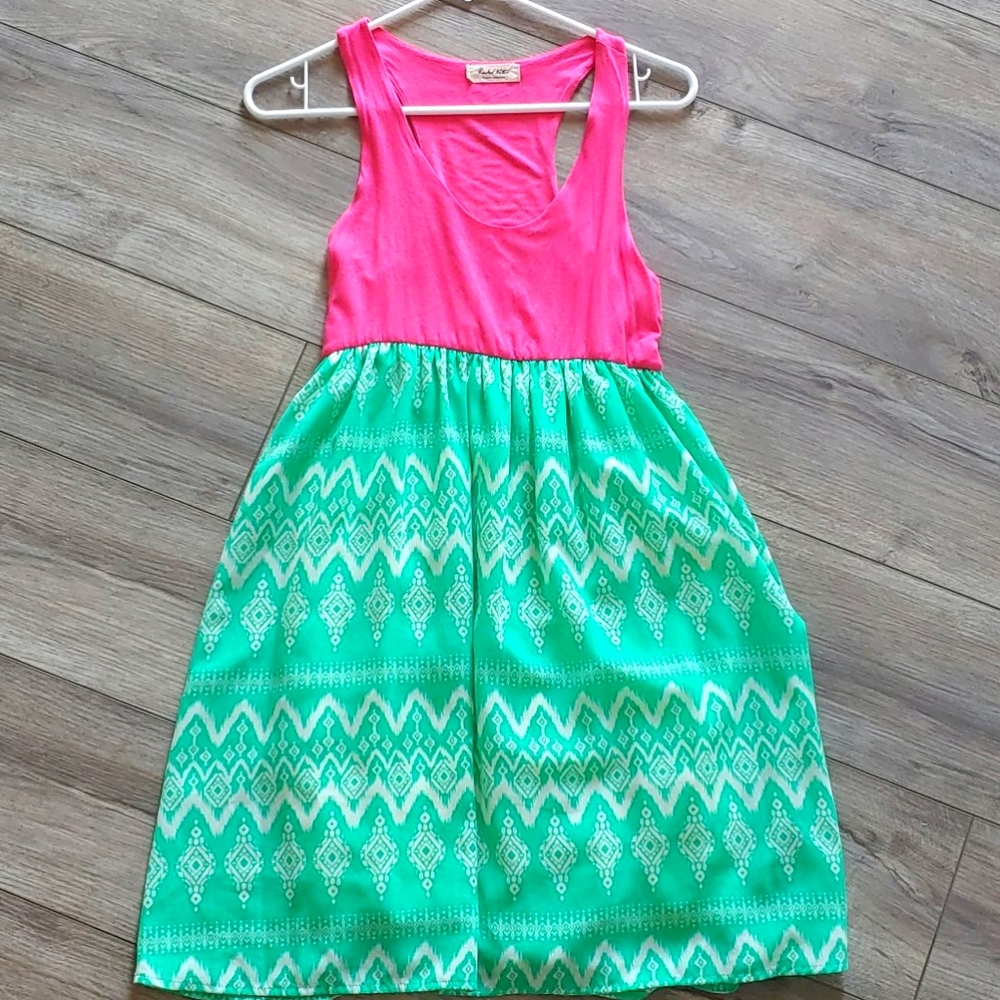 Razor back teal and pink dress